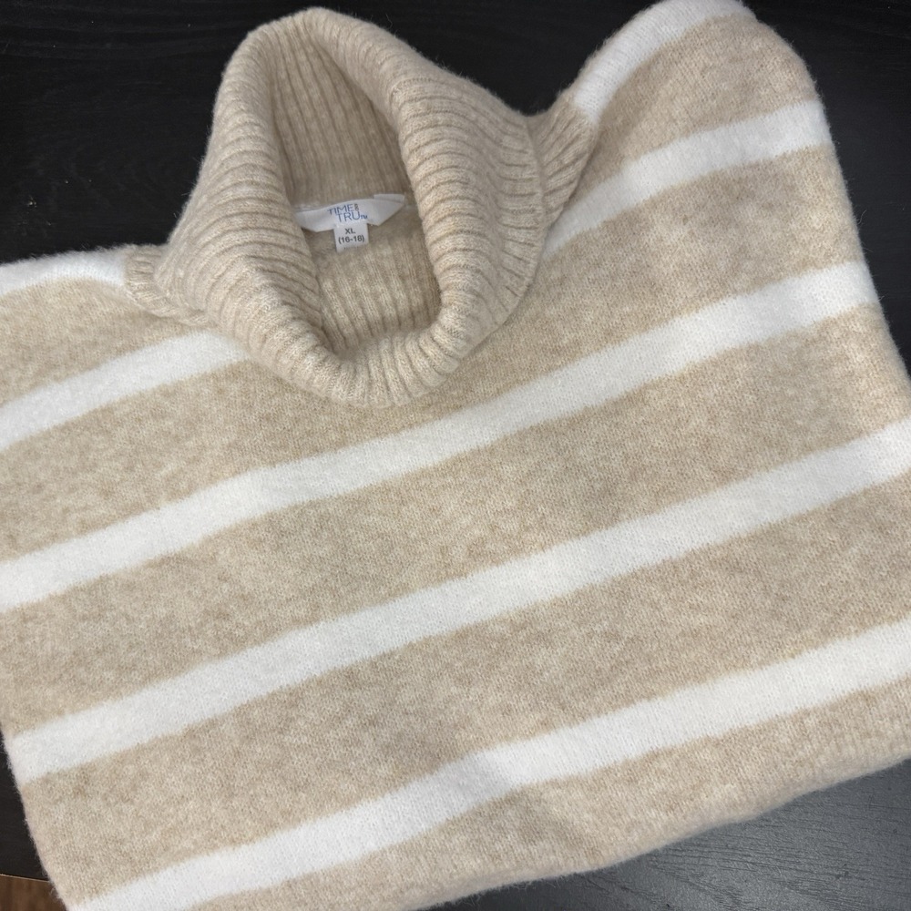 Womens XL 16/18 Wide Striped Turtleneck Sweater Tan White Knit‎ Cozy Soft New